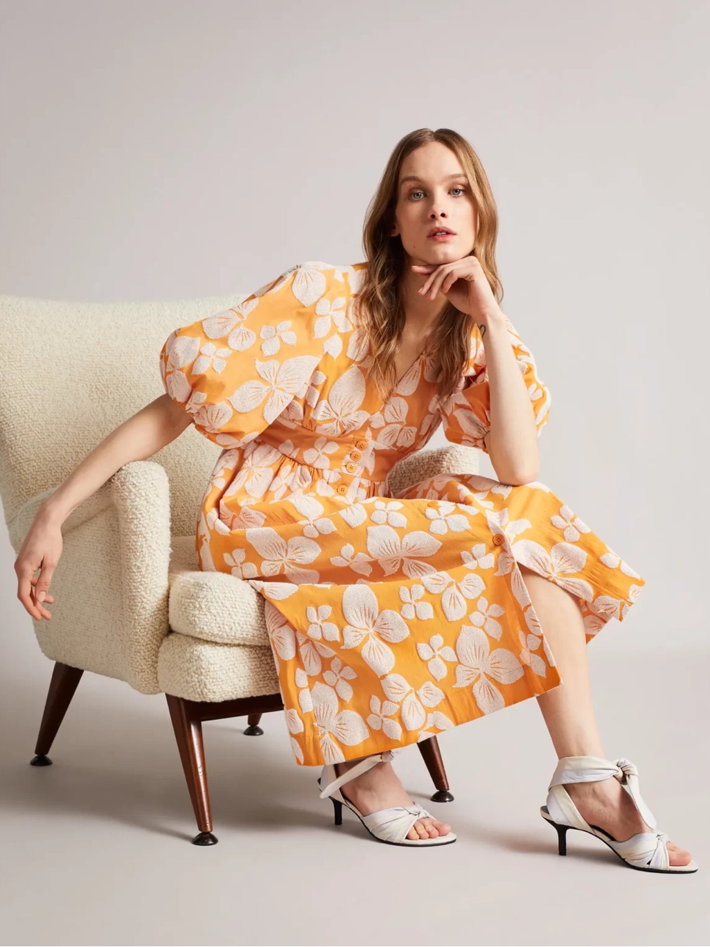 Ted Baker London Cinthy Orange Floral Jacquard A-Line Puffed Sleeves Midi Dress